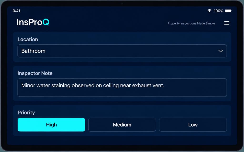 InsProQ interface for recording and prioritising a property inspection observation.