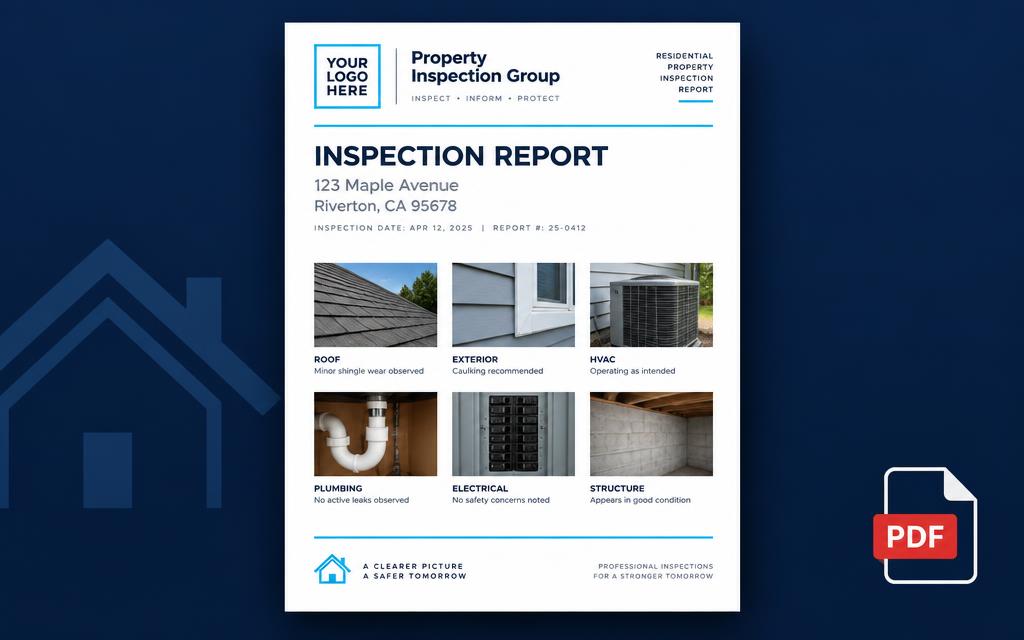 Property inspection findings organised into a professional branded PDF report.